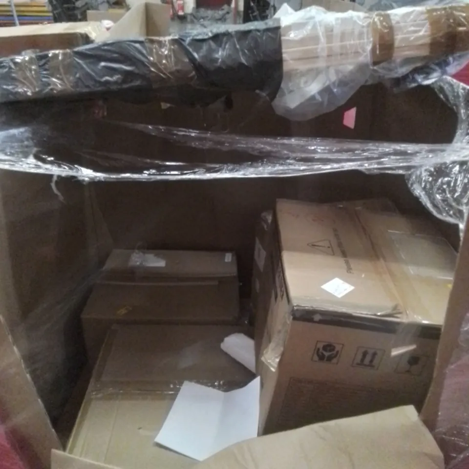 PALLET OF ASSORTED HOUSEHOLD GOODS AND FURNITURE TO INCLUDE;TVD STEAM CLEANER, DUAL ZONE DIGITAL AIR FRYER, EEBBL SMART FULL BODY COMPOSITION ANALYSER SCALE WITH HANDLES ETC