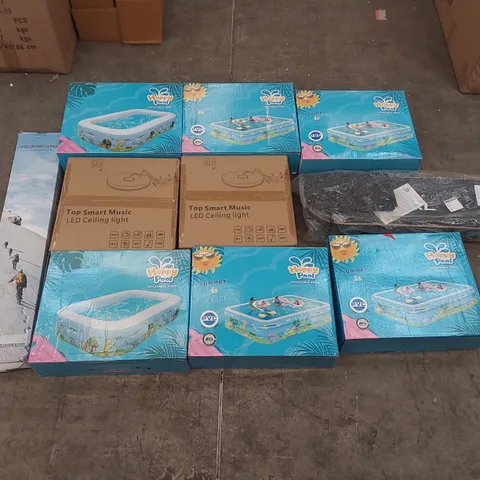 PALLET OF ASSORTED ITEMS INCLUDING: A LARGE QUANTITY OF INFLATABLE POOLS, TOP SMART MUSIC CEILING LIGHTS, SKATEBOARD, MULTIFUNCTIONAL CRUTCH ECT