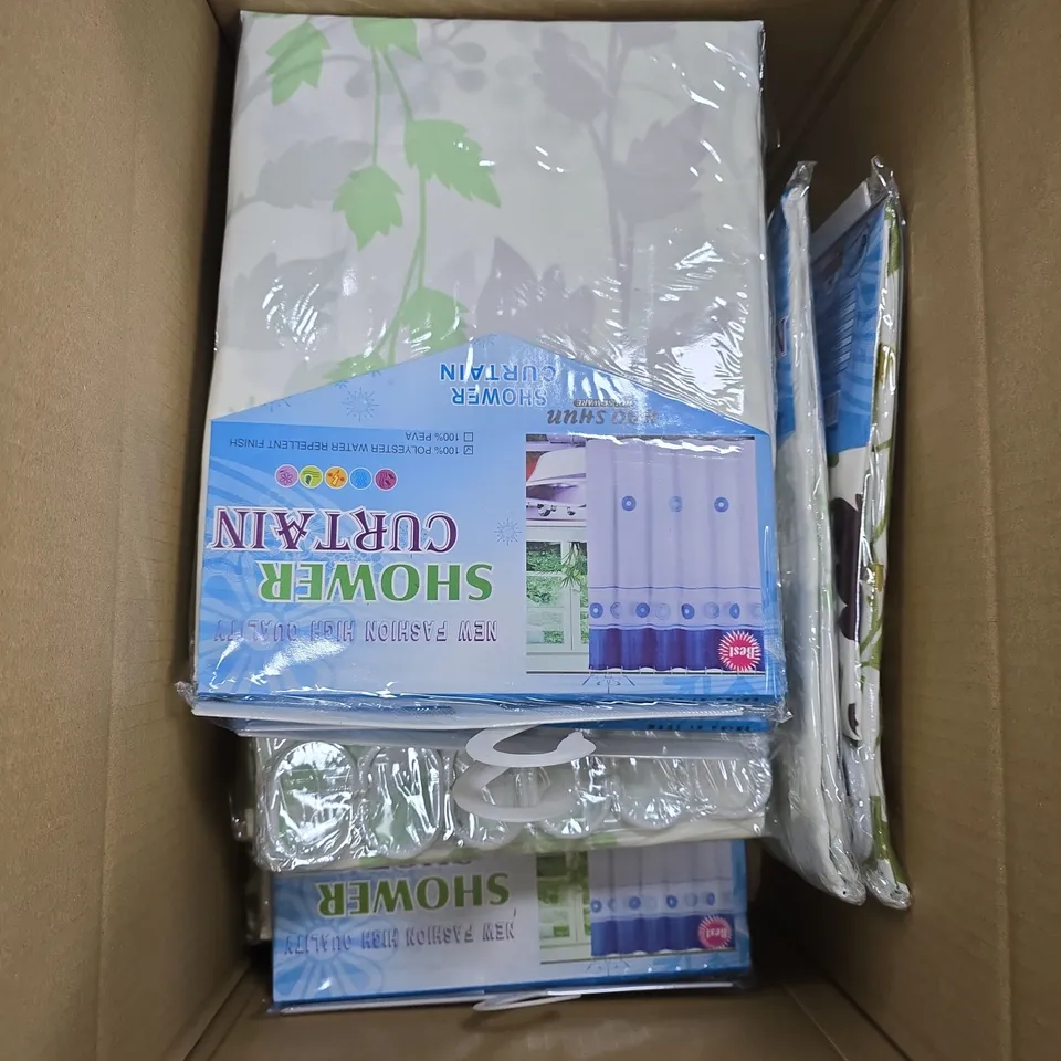 BOX OF APPROXIMATELY 20 ASSORTED SHOWER CURTAINS