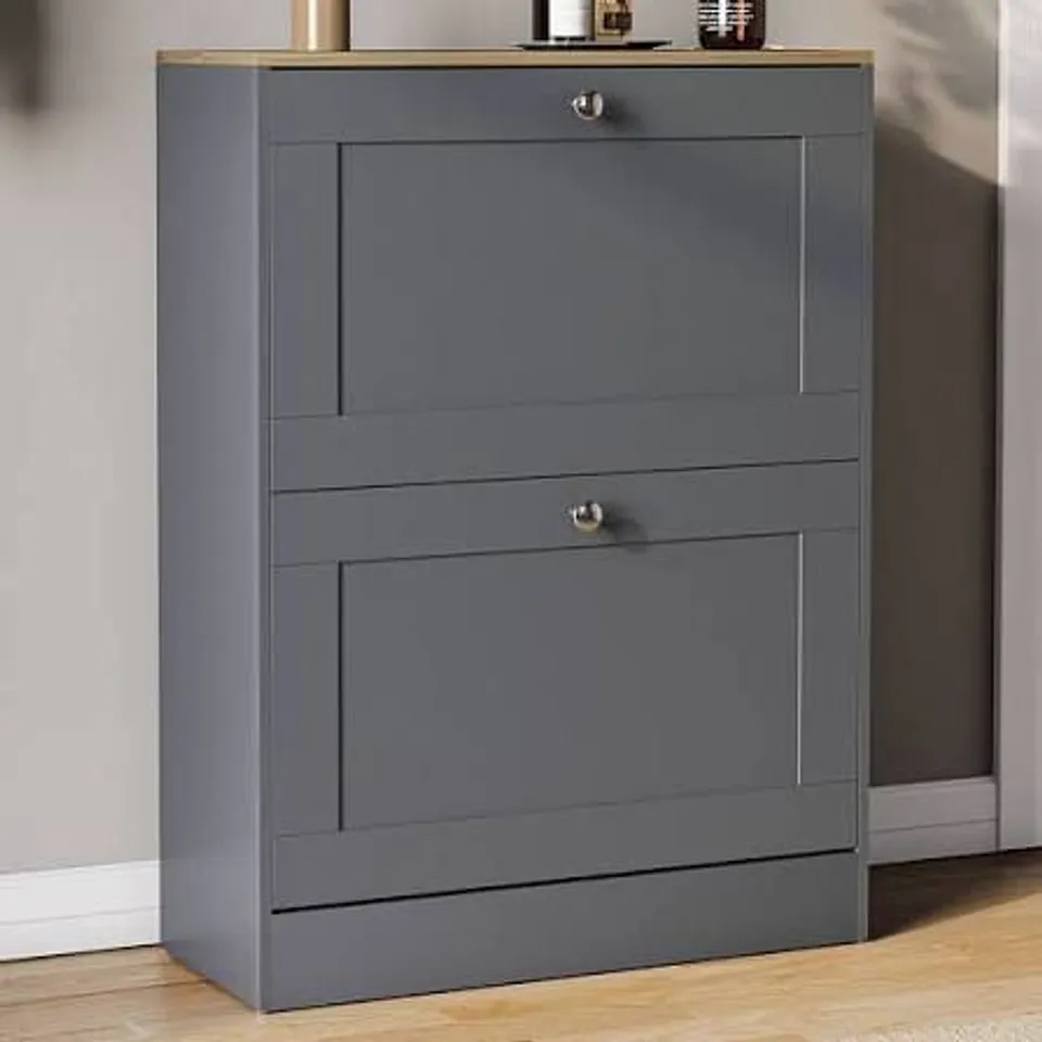 BOXED VIDA 2 DRAWER SHOES CABINET - GREY & OAK (1 BOX)
