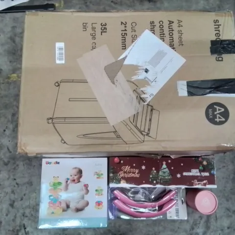 PALLET TO CONTAIN AN ASSORTMENT OF HOUSEHOLD ITEMS TO INCLUDE BABIES TOYS, MINI CHRISTMAS TREES, GLASSES AND A4 AUTOMATIC SHREDDER ECT