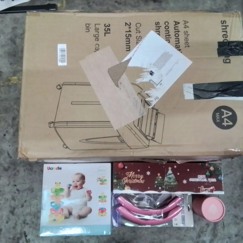 PALLET TO CONTAIN AN ASSORTMENT OF HOUSEHOLD ITEMS TO INCLUDE BABIES TOYS, MINI CHRISTMAS TREES, GLASSES AND A4 AUTOMATIC SHREDDER ECT