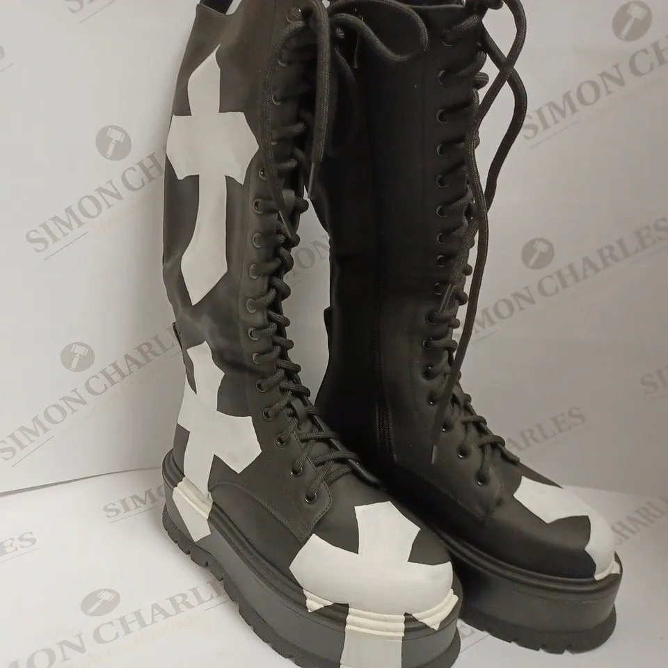 KOI VEGAN PLANTIR PLATFORM LACE UP BOOT WITH PAINTED CROSS DETAIL - SIZE 3