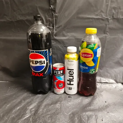 APPROXIMATELY 7 ASSORTED DRINKING PRODUCTS TO INCLUDE PEPSI MAX, HUEL, LIPTON LEMON ICE TEA ETC