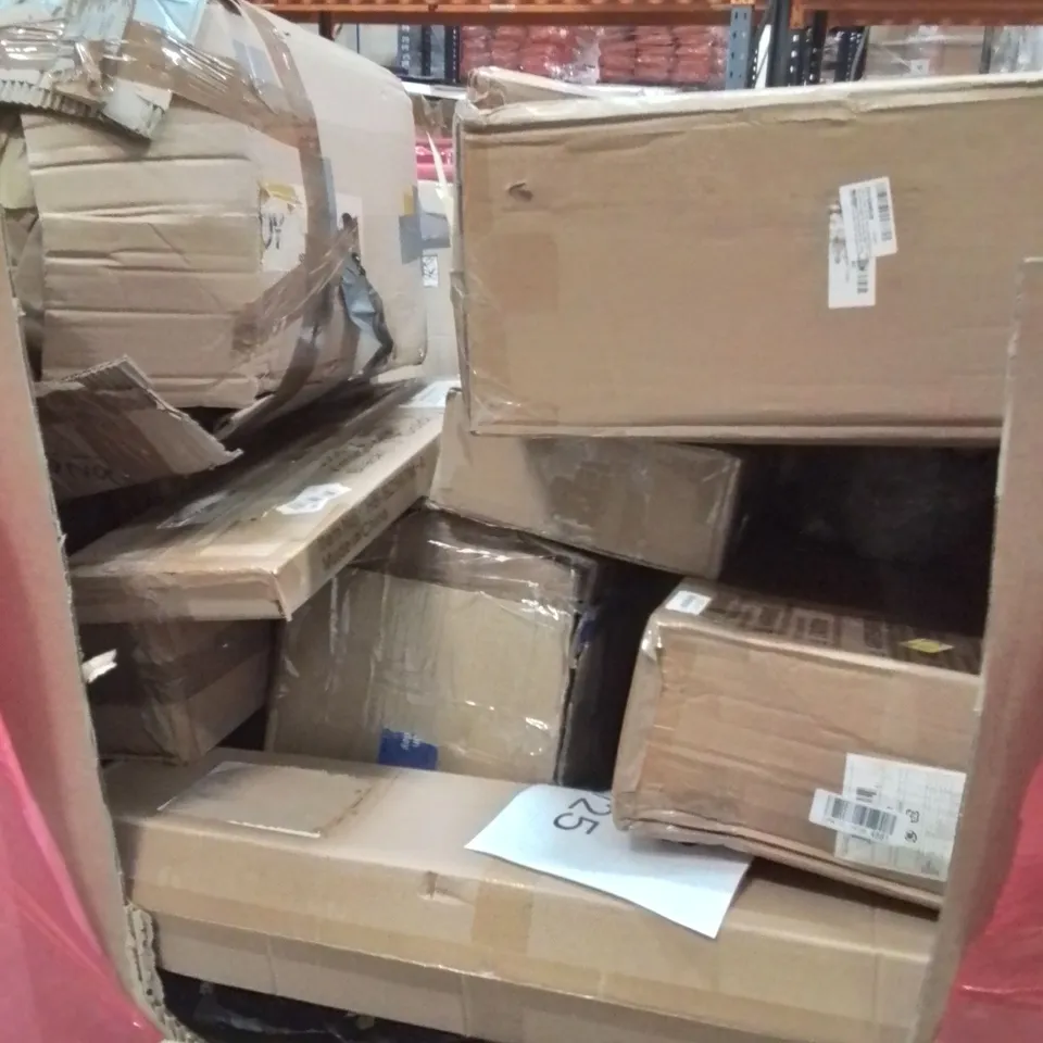 PALLET OF ASSORTED HOUSEHOLD ITEMS AND CONSUMER PRODUCTS TO INCLUDE; CEILING FAN LIGHT, GAMING CHAIR, BOXED FURNITURE ETC 
