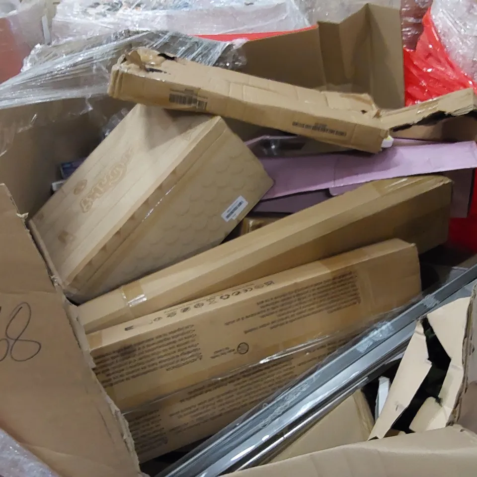 PALLET OF ASSORTED HOUSEHOLD ITEMS AND CONSUMER PRODUCTS. INCLUDES AIR FRYER, WALL HOOKS, ELECTRIC HEATED UNDERBLANKET ETC