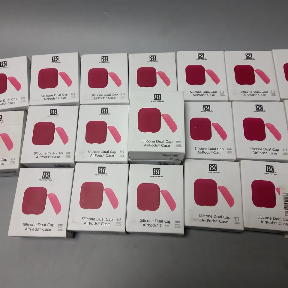 APPROXIMATELY 20 POWER SUPPORT SILICONE DUAL CAP AIRPODS CASE IN RED/FUSCHIA