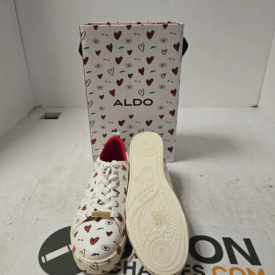 ALDO WHITE HEART-PRINT TRAINERS – WOMEN'S, BOXED - UK 7 