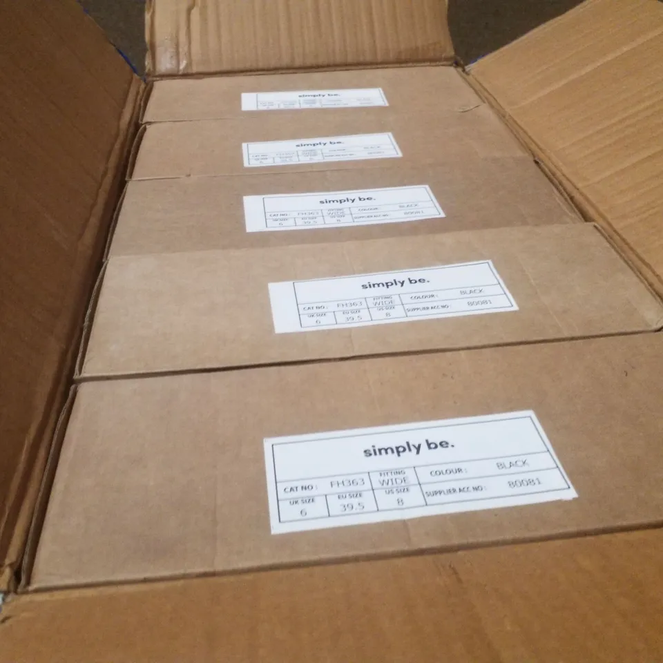 BOX CONTAINING APPROXIMATELY 5 PAIRS OF BRAND NEW SIMPLY BE BLACK BREENER WIDE LEATHER BOOTS - SIZE 6