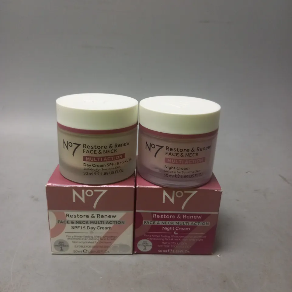 NO7 RESTORE AND RENEW FACE AND NECK MULTI ACTION DAY AND NIGHT CREAMS 50ML