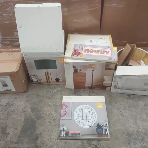 PALLET CONTAINING A VERY LARGE QUANTITY OF ASSORTED DESIGNER LIGHTING PRODUCTS INCLUDING: NESA TOUCH TABLE LAMP, GRACIE FLOOR LAMP, HAZELLE FLOOR LAMP, ALEXIS CEILING PENDANT, DISCO BALL LED NEON MIRR