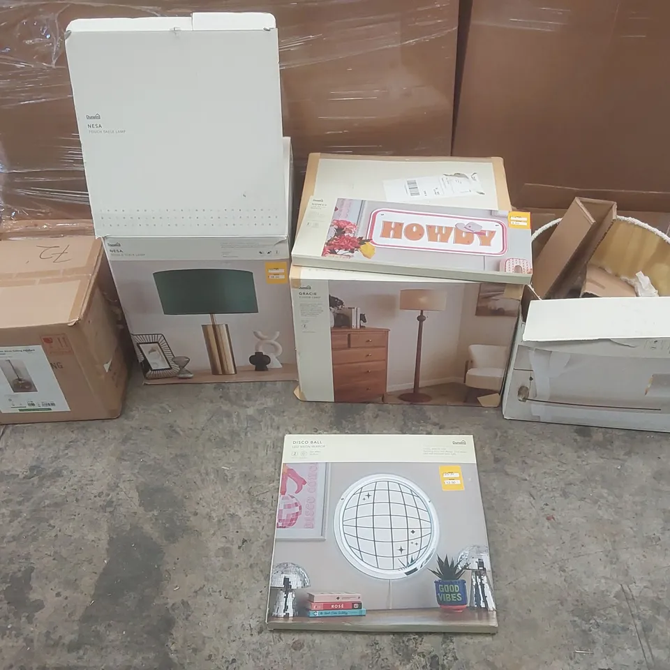 PALLET CONTAINING A VERY LARGE QUANTITY OF ASSORTED DESIGNER LIGHTING PRODUCTS INCLUDING: NESA TOUCH TABLE LAMP, GRACIE FLOOR LAMP, HAZELLE FLOOR LAMP, ALEXIS CEILING PENDANT, DISCO BALL LED NEON MIRR