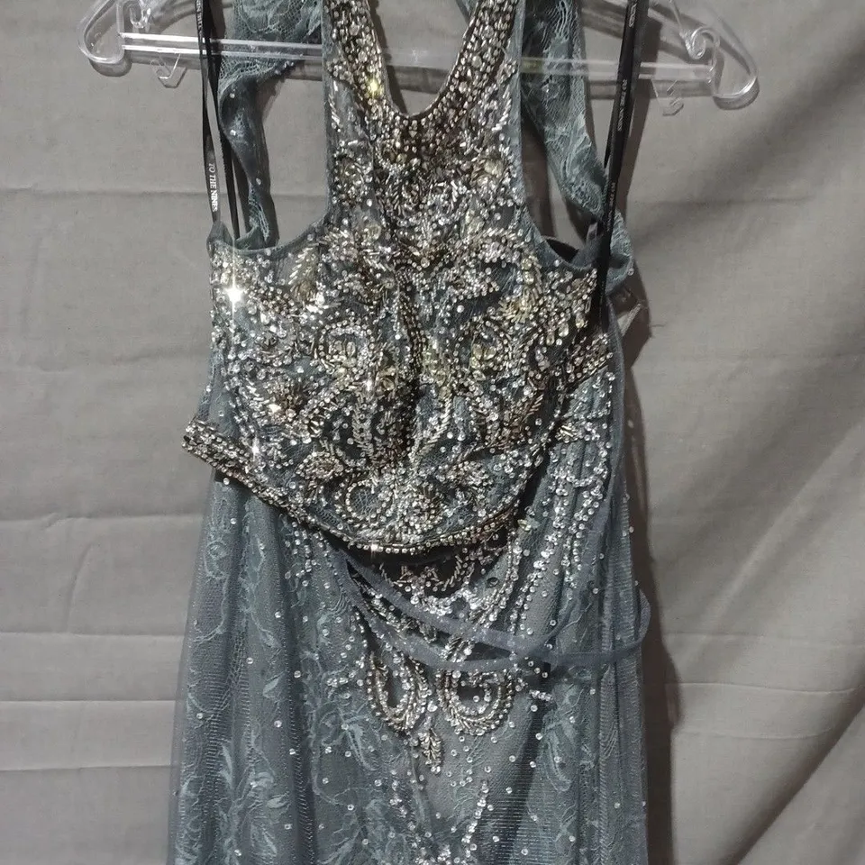 TO THE NINES TULLE HIGH NECK RUFFLE BOTTOM DRESS IN CHARCOAL - SIZE 12 (TNW604)