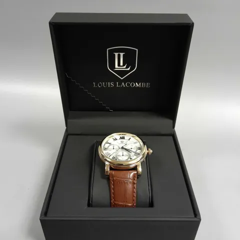 MENS LOUIS LACOMBE CHRONOGRAPH WATCH β MULTI FUNCTION DIAL WITH DATE β ROMAN NUMERAL DIAL β LEATHER STRAP