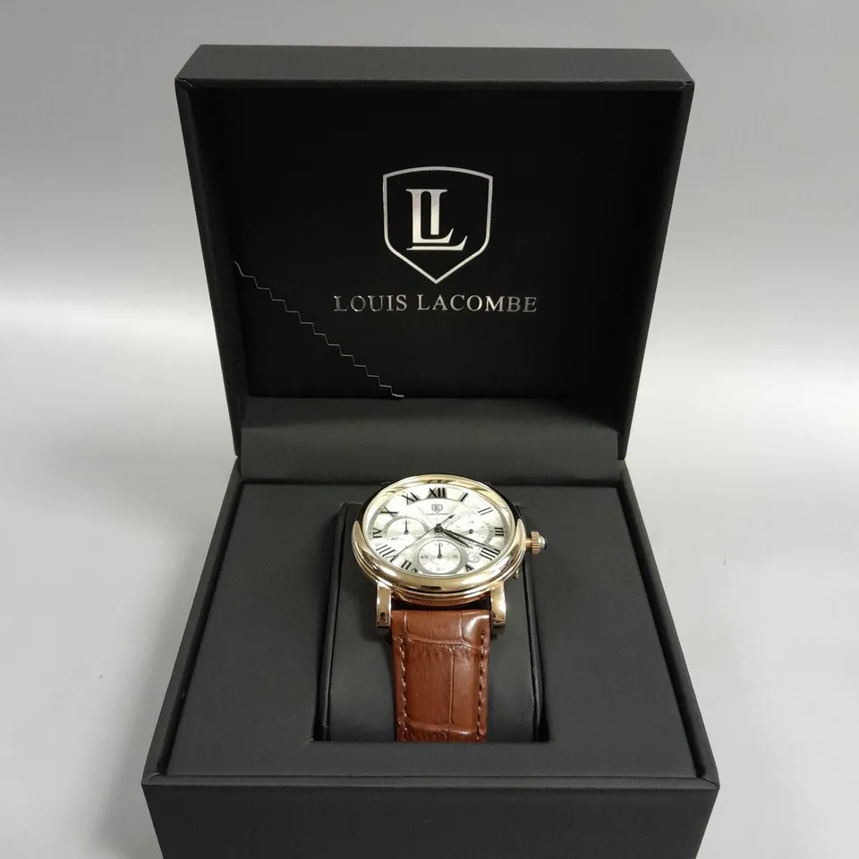 MENS LOUIS LACOMBE CHRONOGRAPH WATCH – MULTI FUNCTION DIAL WITH DATE – ROMAN NUMERAL DIAL – LEATHER STRAP