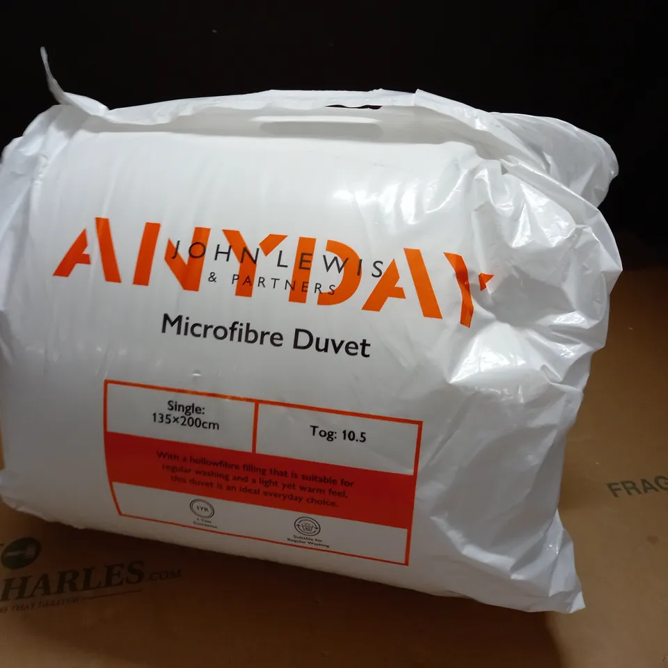JOHN LEWIS MICROFIBRE DUVET SINGLE 10.5 TOG