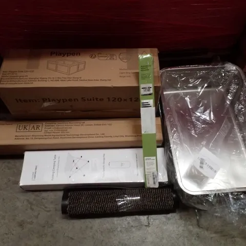 PALLET CONTAINING ASSORTED PRODUCTS INCLUDING PLAYPEN, WEED BARRIER FABRIC, FOLDING CAMPING TABLE, FLOOR MAT, MAGNETIC KNIFE HOLDER & CAT LITTER BOX
