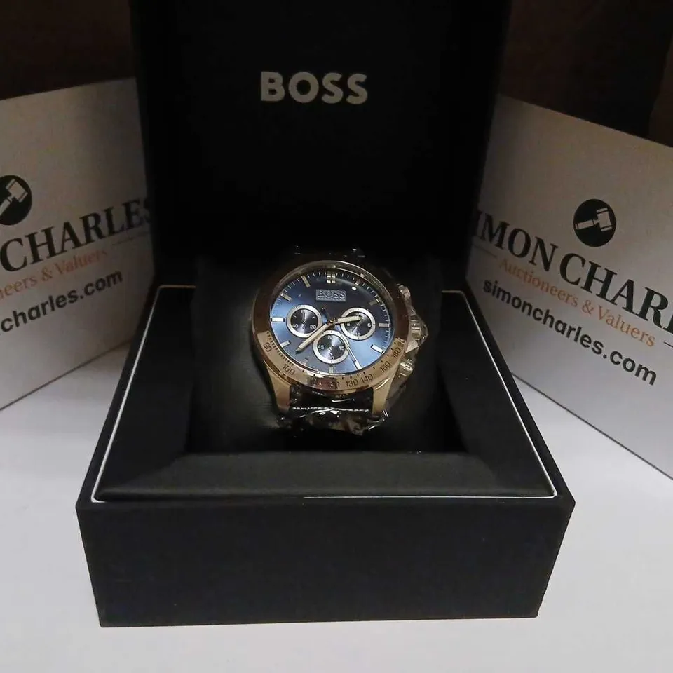 HUGO BOSS CHRONOGRAPH WATCH – BLUE DIAL, GOLD-TONE BEZEL, LEATHER STRAP