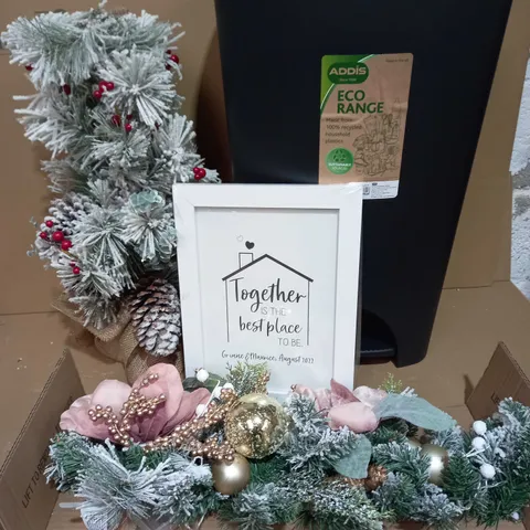 LOT OF 4 HOUSEHOLD ITEMS, TO INCLUFE 50L BIN, CHRISTMAS DECORATIONS & PERSONALISED FRAME