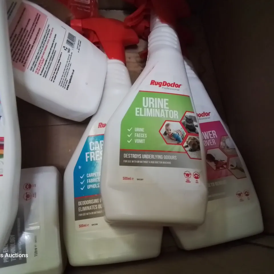 BOX OF RUG DOCTOR SPRAY TREATMENTS & WASHER DETERGENT 