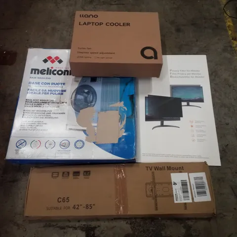 PALLET CONTAINING ASSORTED PRODUCTS INCLUDING LAPTOP COOLER, WASHING MACHINE BASE WITH WHEELS, TV WALL MOUNT & PRIVACY FILTER 