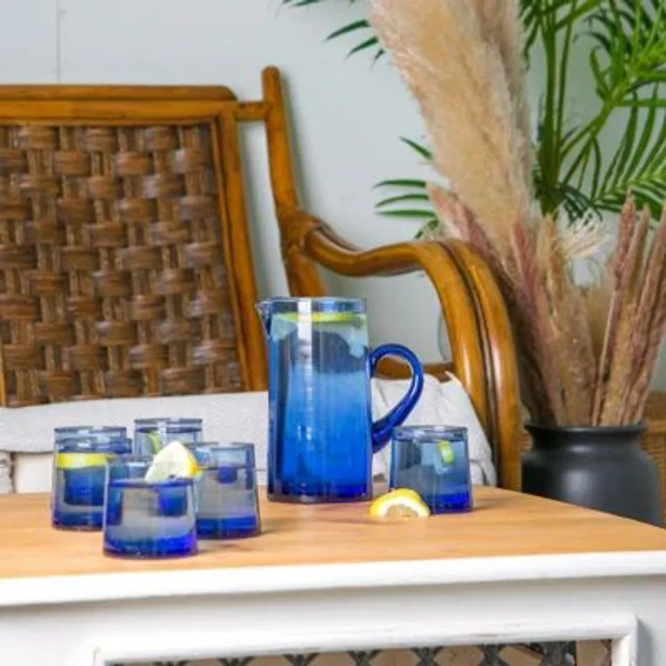 BOXED 6× MARZOUGA 200ML RECYCLED GLASS TUMBLERS WITH 1L JUG - BY NICOLA SPRING