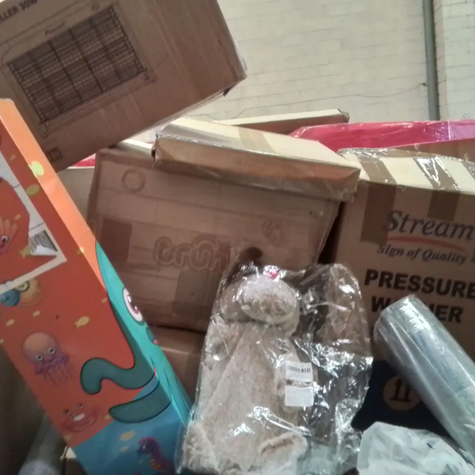 PALLET CONTAINING VARIOUS ASSORTED BOXED HOUSEHOLD ITEMS TO INCLUDE: BUG ZAPPER, KIDS FISHING ROD SET, TRUNKI RIDE ON, PRESSURE WASHER AND LOTS MORE UNMARKED BOXED ITEMS 