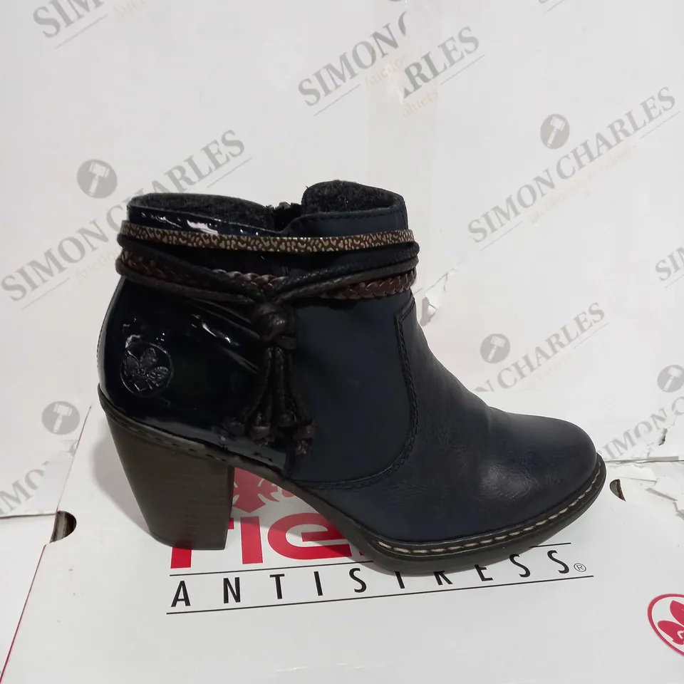RIEKER TASSLE NAVY ANKLE BOOTS - SIZE UK 6 - BOXED 