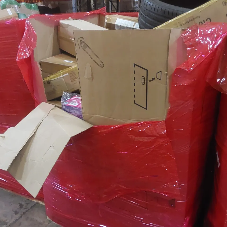 PALLET OF ASSORTED ITEMS TO INCLUDE: CAR TYRE, CLOTHES DRYING RACK, DOLL HOUSE ECT