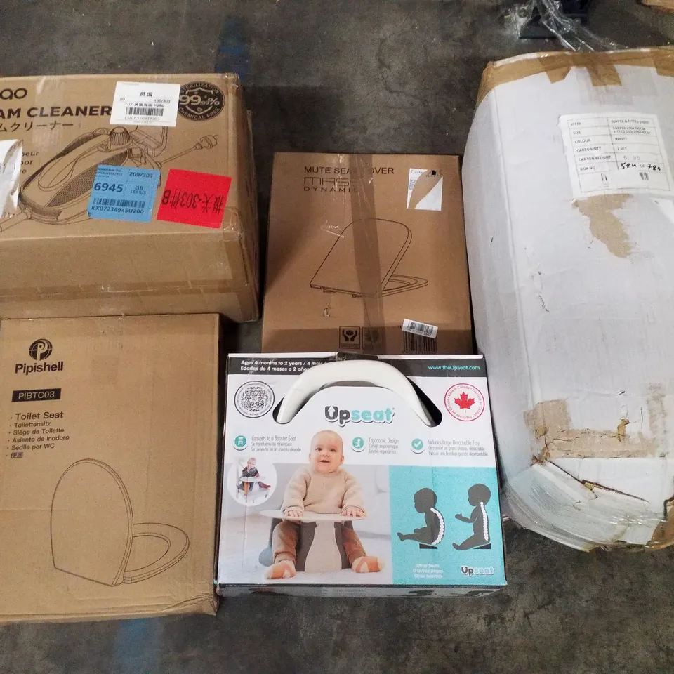 PALLET CONTAINING ASSORTED PRODUCTS TO INCLUDE STEAM CLEANER, BED SHEETS, TOILET SEATS, BABY BOOSTER SEAT, CAT LITTER BOX