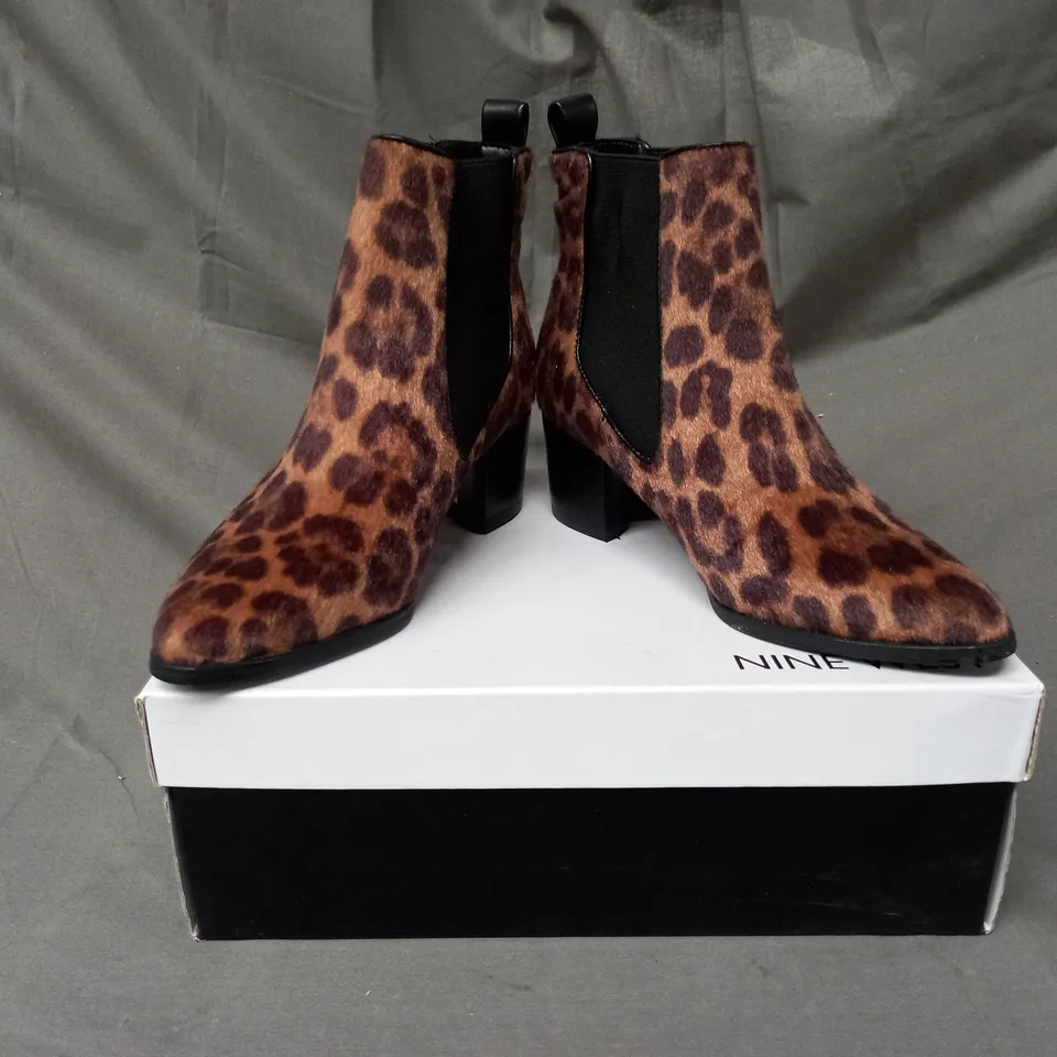 BOXED PAIR OF NINE WEST TAYE SYNTHETIC ANKLE BOOTS IN ANIMAL PRINT EU SIZE 35