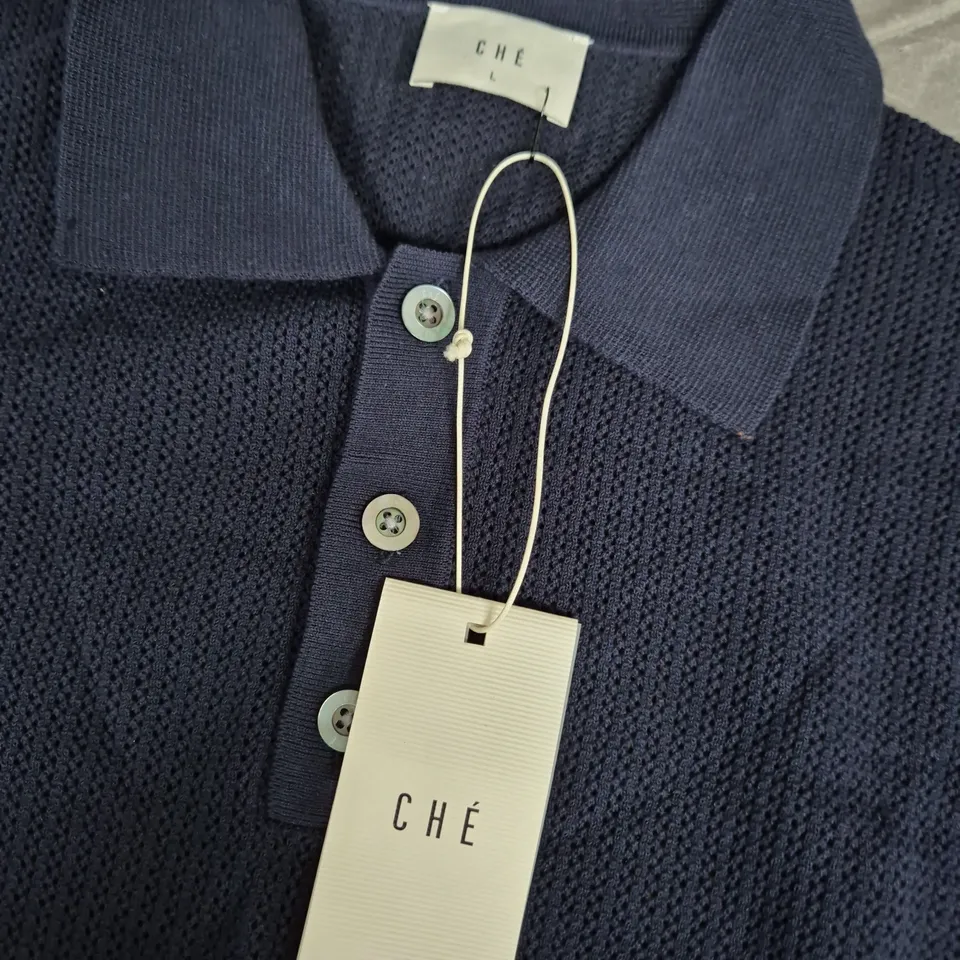 CHE STUDIO NAVY KNIT POLO SHIRT, SIZE L