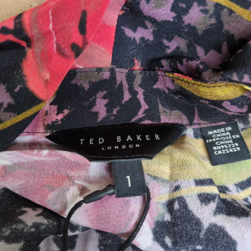 TED BAKER LONDON PRINTED NECK MIDI SHIRT DRESS – BLACK FLORAL SIZE 1