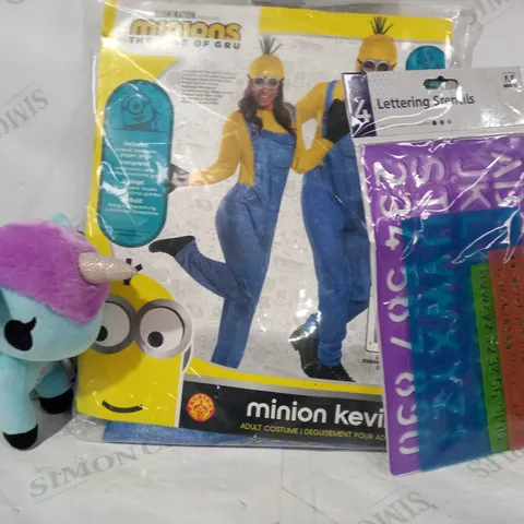 BOX OF APPROXIMATELY 10 ASSORTED TOYS AND GAMES TO INCLUDE MINION KEVIN ADULT COSTUME, LETTERING STENCILS, TOKIDOKI PLUSH, ETC