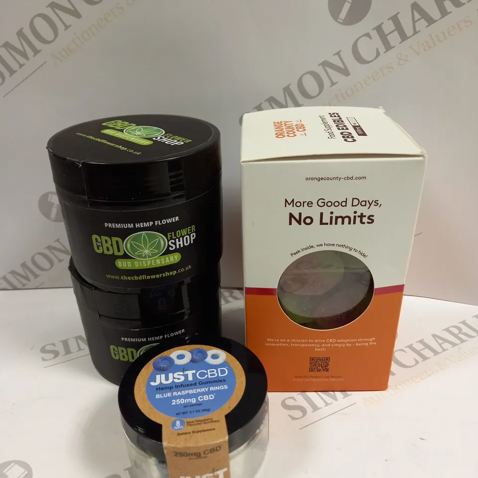 4 X ASSORTED CBD GUMMIE PRODUCTS TO INCLUDE ORANGE COUNTY CBD, CDB FLOWER SHOP & JUST CBD