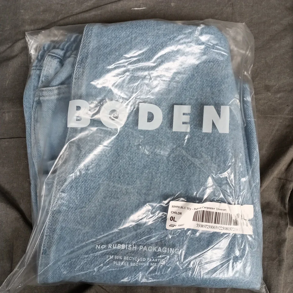BAGGED BODEN BLUE PULL-ON CARPENTER TROUSERS, 11Y
