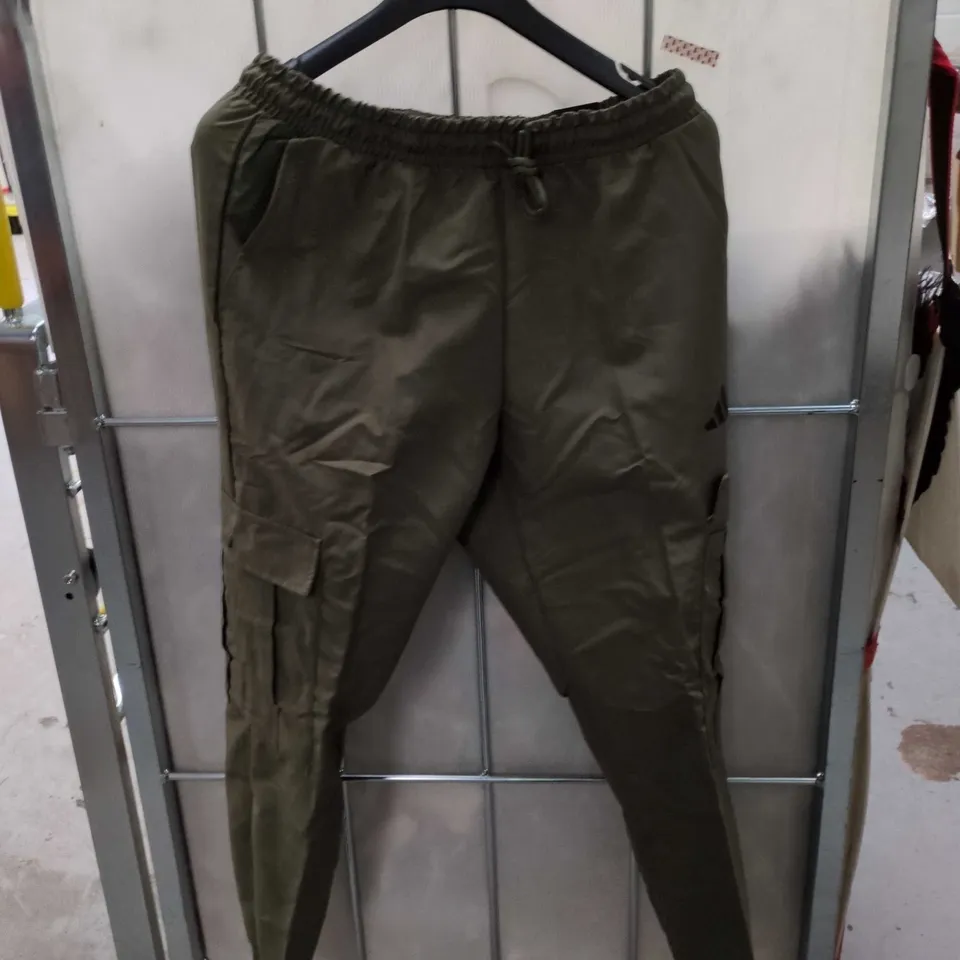 ADDIDAS MEN'S OLIVE GREEN CARGO TROUSERS WITH DRAWSTRING WAIST
