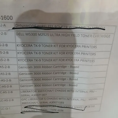 APPROXIMATELY 8 ASSORTED PRODUCTS TO INCLUDE; DELL W3500, KYOCERA TK-9 TONER, GENICOM RIBBON CARTRIDGE AND LIBERATOR