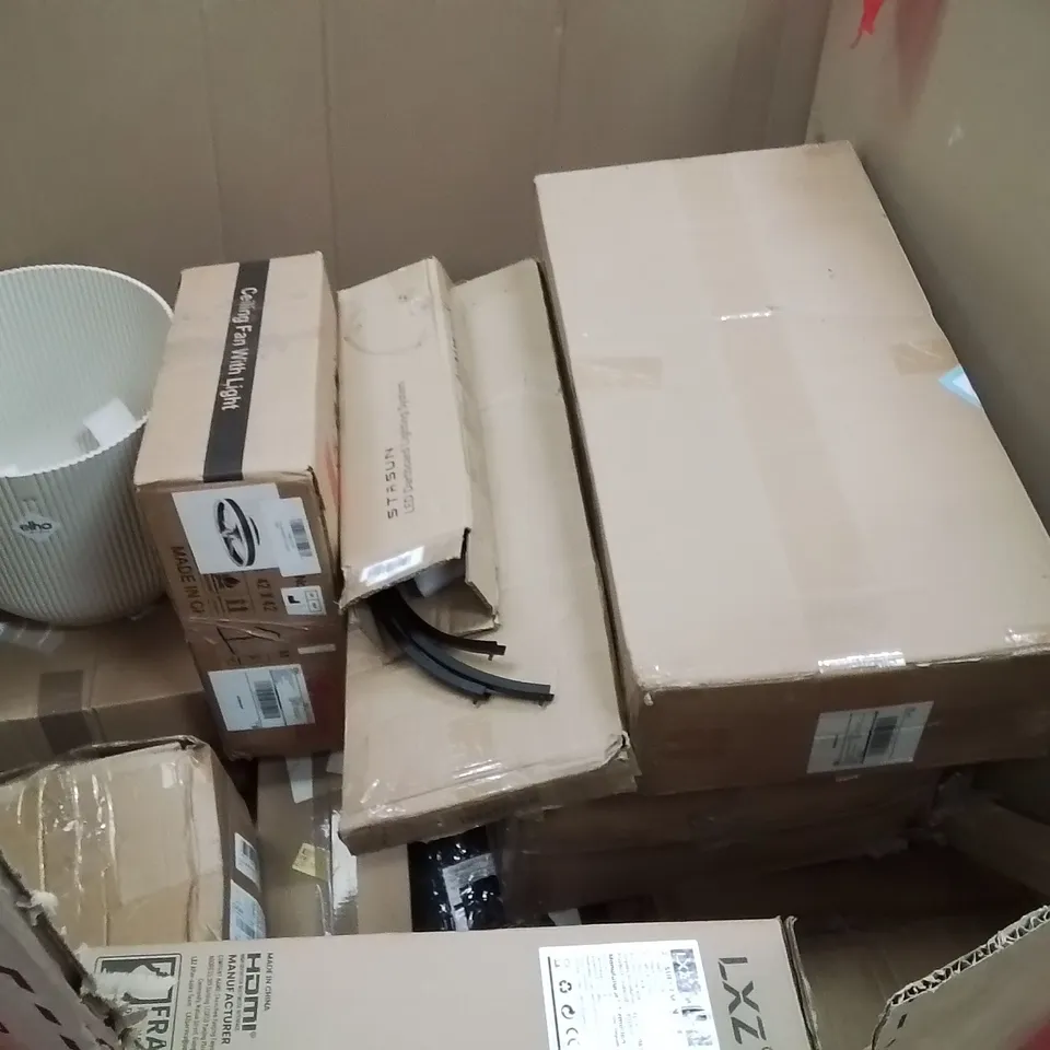 PALLET OF ASSORTED HOUSEHOLD GOODS AND PRODUCTS TO INCLUDE;AIR COOLER,SUITCASE,CEILING FAN WITH LIGHT