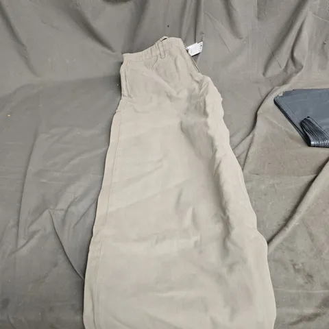 BOX OF APPROXIMATELY 20 ASSORTED CLOTHING ITEMS TO INCLUDE: GREY CHINOS AND RED WAISTCOAT