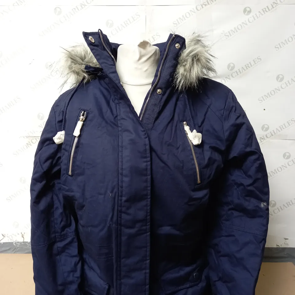 RUTH LANGSFORD FAUX FUR TRIM PARKA COAT IN NAVY SIZE L