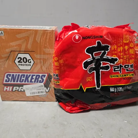 APPROXIMATELY 3 ASSORTED FOOD ITEMS TO INCLUDE - NONGSHIM SHIN RAMYUN , SNICKERS 20G PROTEIN BAR 