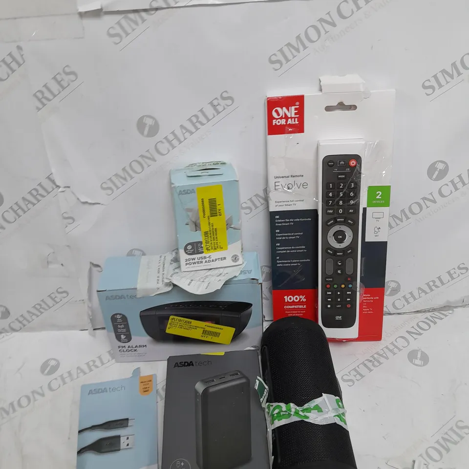  APPROXIMATELY 20 ASSORTED ASDA TECH ITEMS INCLUDING ONE FOR ALL REMOTES, BLUETOOTH SPEAKER