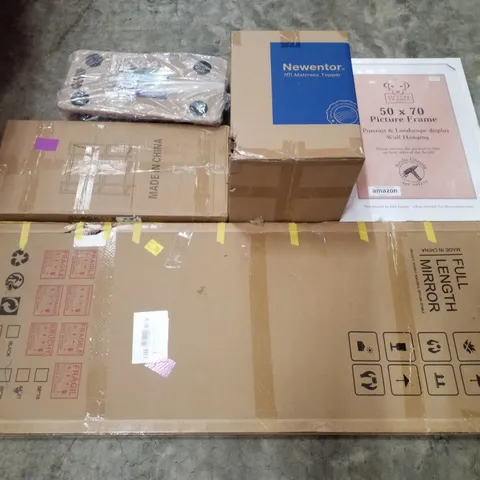 PALLET CONTAINING ASSORTED PRODUCTS INCLUDING 50×70CM PICTURE FRAME, FULL LENGTH MIRROR, MATTRESS TOPPER, MICROWAVE STAND & WHEELED PLATFORM DOLLY