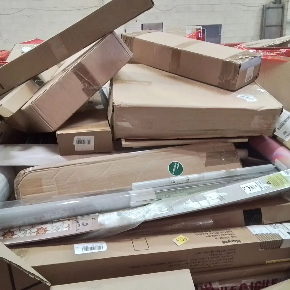 PALLET CONTAINING ASSORTED PRODUCTS INCLUDING MOTOR CEILING FAN, RETRACTABLE SAFETY GATE, WEED PICKER, CURTAIN POLE & PLANT POT