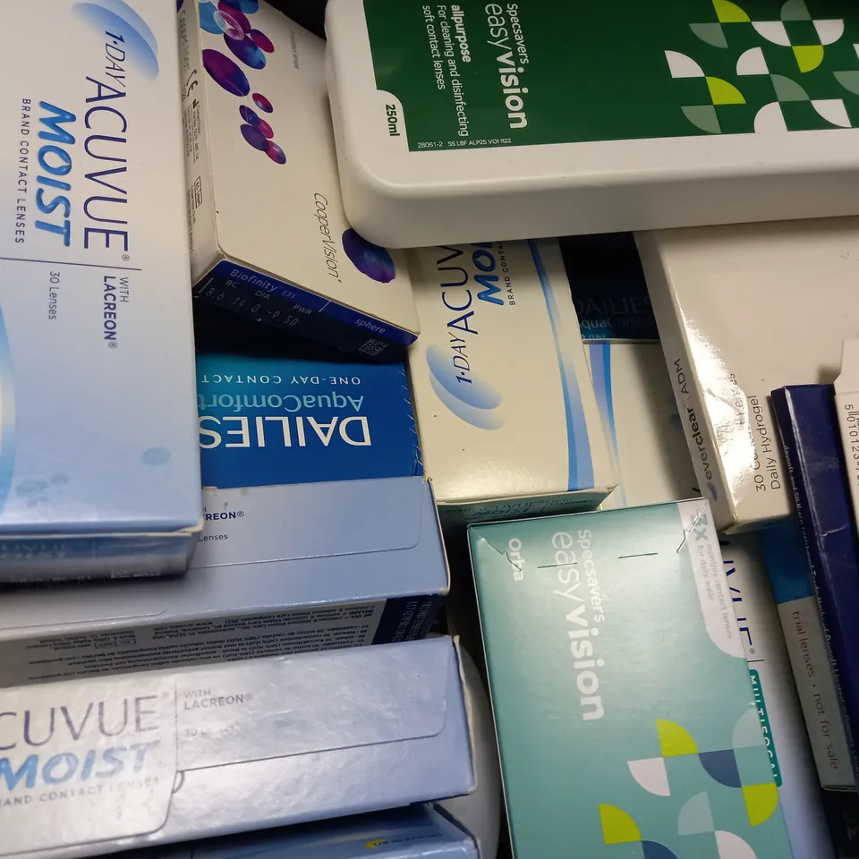 BOX OF APPROX 25 ASSORTED CONTACT LENSES AND CONTACT LENSE SOLUTIONS