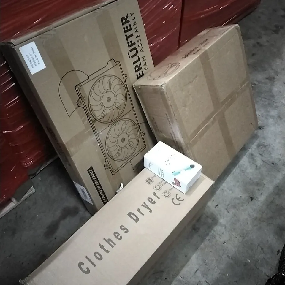 PALLET OF HOUSEHOLD ITEMS TO INCLUDE SCRIB3D,CLOTHES DRYER, COOLING FAN ASSEMBLY, SPINNING CHAIR AND OTHER ASSORTED ITEMS...