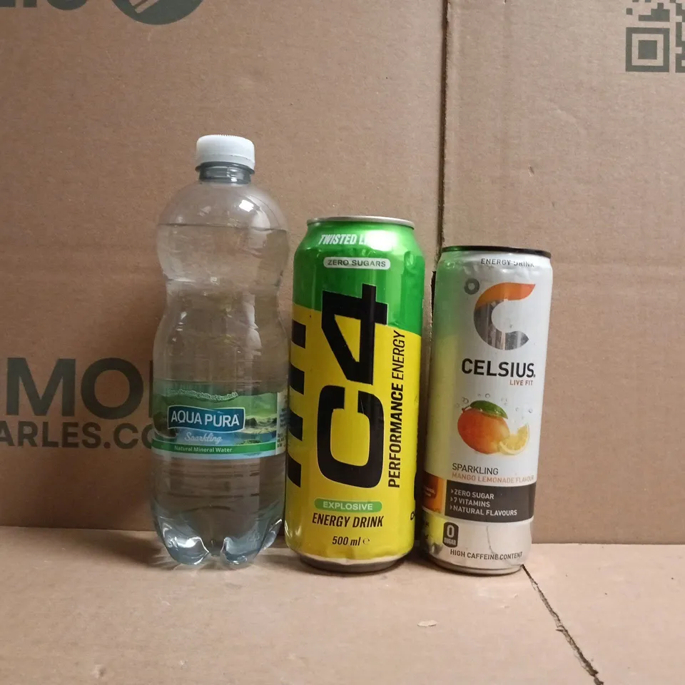 APPROXIMATELY 10 ASSORTED FOOD AND DRINK ITEMS TO INCLUDE CELSIUS, C4, ETC