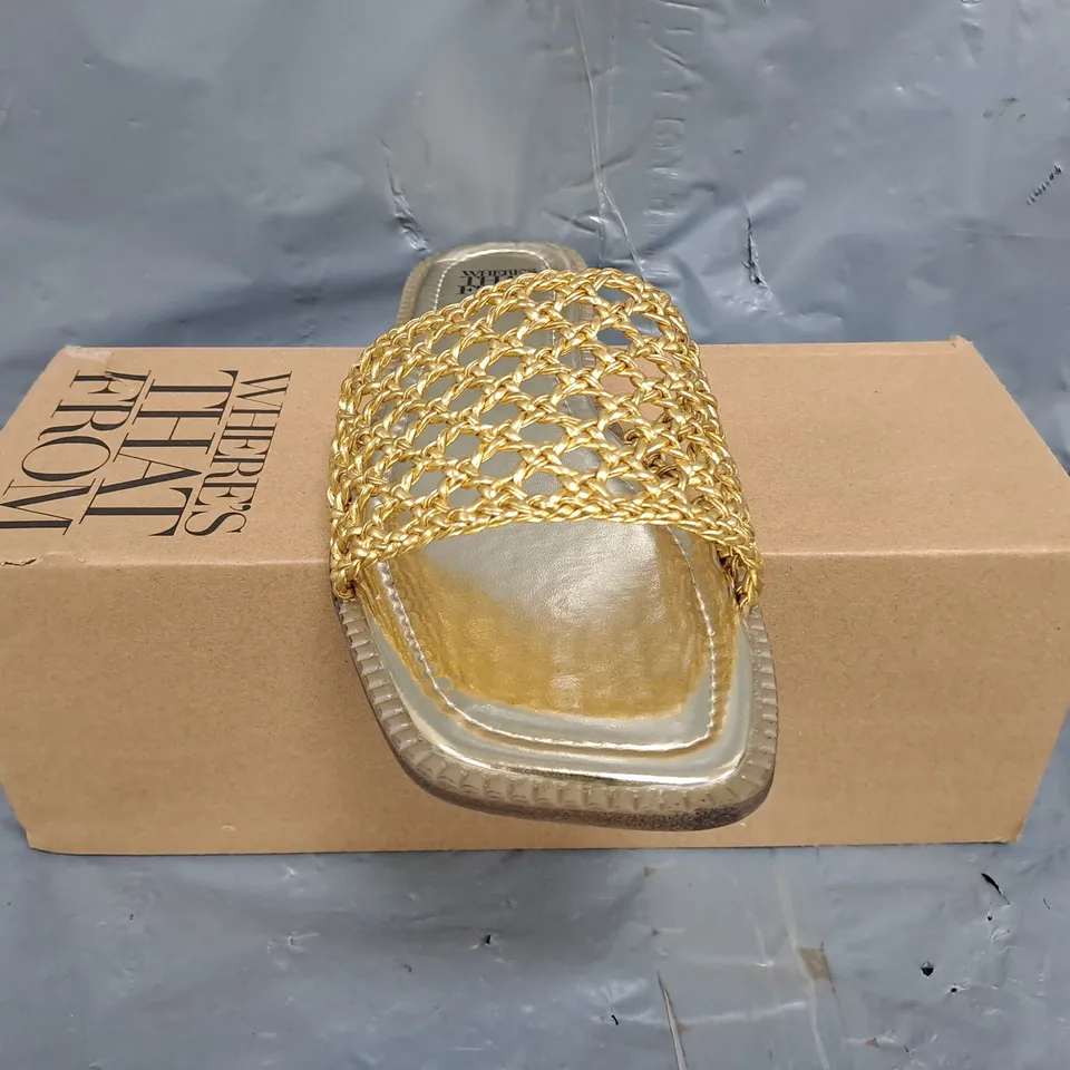 BOXED PAIR OF WHERE'S THAT FROM OPEN TOE SANDALS IN METALLIC GOLD SIZE UK 8
