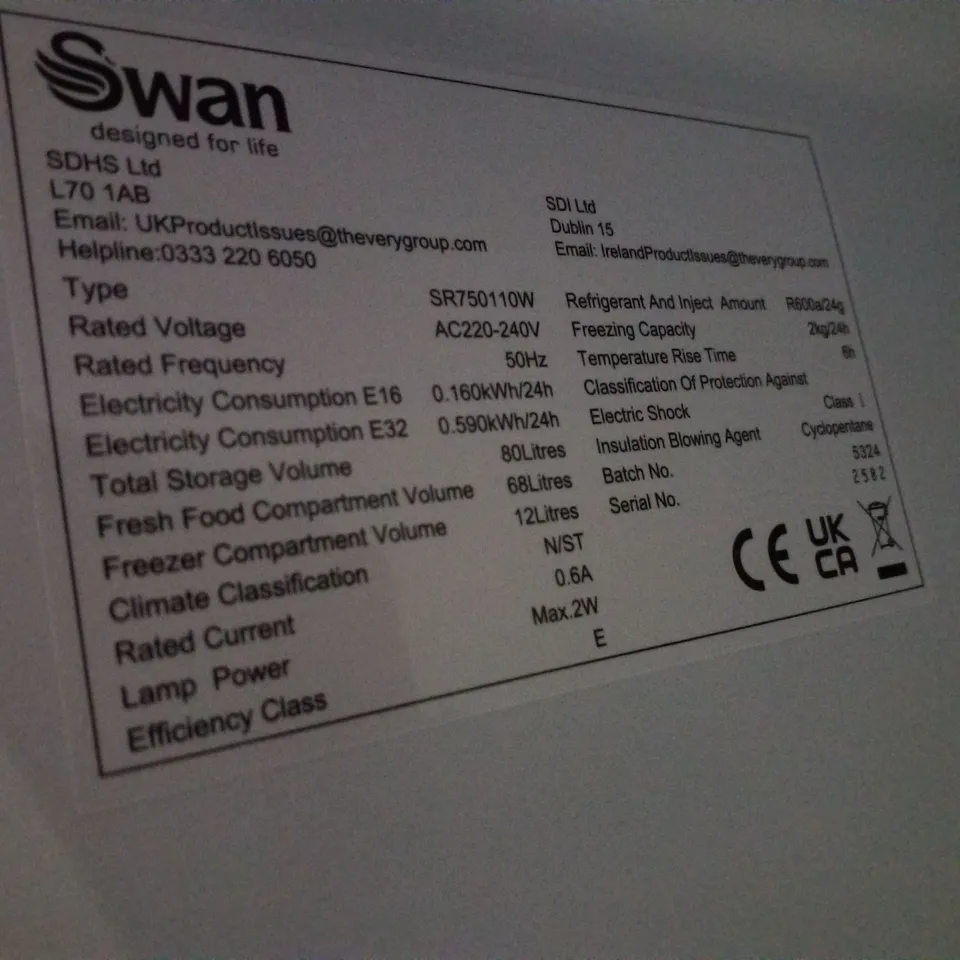 SWAN SR750110W UNDER-COUNTER FRIDGE – 80L, WHITE, 47.5CM WIDE